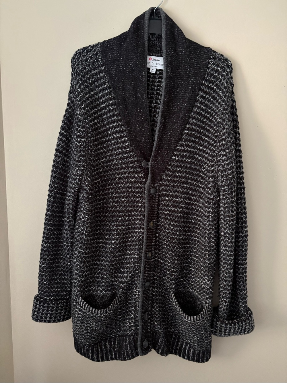 rag & bone by Neiman Marcus Black and Gray Shawl-Collar Knit Cardigan Sz. XL